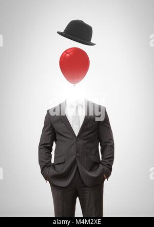 Mann ohne Kopf mit surreal floating Hut und Ballon Stockfoto