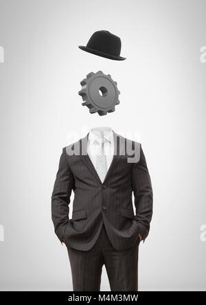 Mann ohne Kopf mit surreal floating Hut und Cog Gang Stockfoto