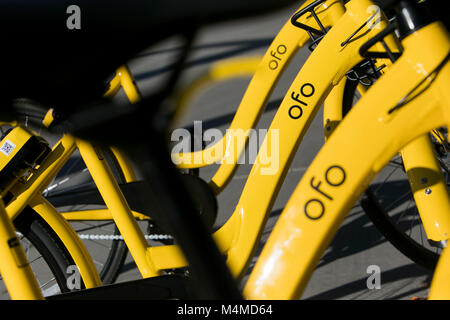 Eine Reihe von ofo Dock - weniger Fahrrad - Fahrräder in Tempe, Arizona, am 3. Februar 2018. Stockfoto