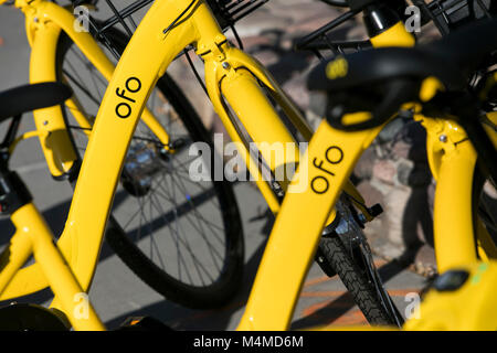 Eine Reihe von ofo Dock - weniger Fahrrad - Fahrräder in Tempe, Arizona, am 3. Februar 2018. Stockfoto