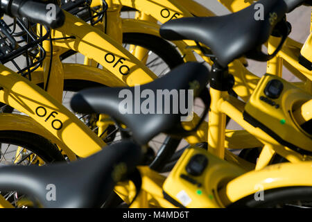 Eine Reihe von ofo Dock - weniger Fahrrad - Fahrräder in Tempe, Arizona, am 3. Februar 2018. Stockfoto