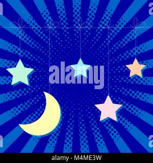 Welt schlafen. Sterne und Mond hängen an einen String. Pop Art Stil. Stock Vektor