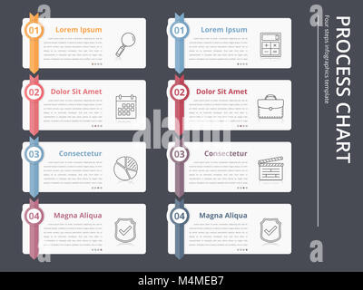 Vertikale Prozessablauf, Flow chart Vorlage, Infografiken Design Elemente mit Zahlen und Text, business Infografiken, Workflow, Schritte, Optionen, vec Stockfoto