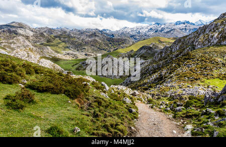 Blick auf die Picos de Europa Berge vom Pass bei Sonin de Ariba in der Nähe der Seen von Covadonga in Asturien Spanien Stockfoto