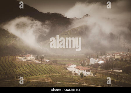 Täler und Hügel mit Weinbergen rund um den italienischen Stadt Valdobbiadene, berühmt für die Herstellung von Prosecco Sekt. Winter niedrige Wolken und Stockfoto