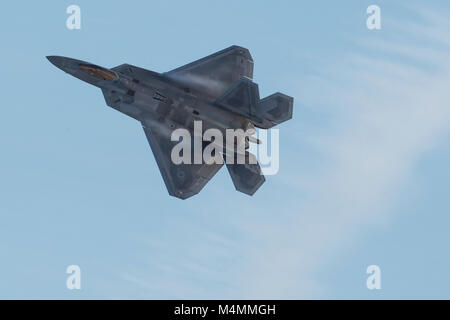 Eine Luftwaffe F-22 Raptor auf die 3 Flügel zugeordnet fliegt über Joint Base Elmendorf-Richardson, Alaska, 13.02.2018. Die F-22 Raptor ist der US-Air Force premium der fünften Generation fighter Asset. (U.S. Air Force Foto von Alejandro Peña) Stockfoto