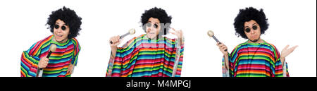 Lustige mexikanische tragen Poncho mit Maracas isoliert auf weiss Stockfoto