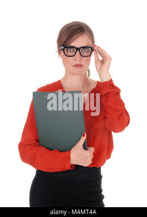 Business Frau mit Brille Ordner um: Stockfoto