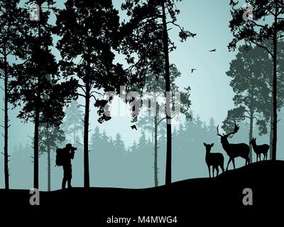 Vector Illustration von Nadelwald mit Reh Reh mit Kitz und eine touristische stehend mit Kamera Stock Vektor