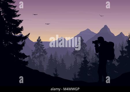 Vector Illustration einer Berglandschaft mit einem Wald und Fotografen touristische unter dem Himmel mit Wolken und Vögel Stock Vektor