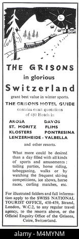 Die Graubünden Hotel Schweiz Skiurlaub, Schweizer Tourist Board Werbung, Werbung in Country Life Magazine UK 1951 Stockfoto