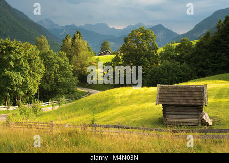 Scheune auf einer Rasenfläche, alpine Landschaft Stockfoto