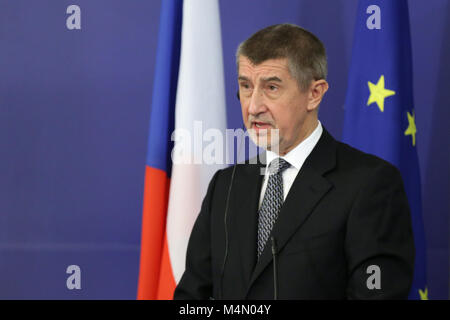 Sofia, Bulgarien - 22. Januar 2018: Der tschechische Premierminister Andrej Babis spricht auf einer Pressekonferenz nach meating seinem bulgarischen Pendant an Rat o Stockfoto