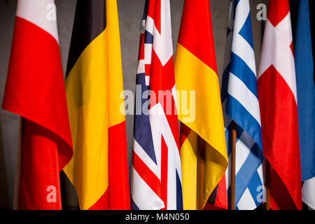 EU-Länder Flaggen - Großbritannien (Vereinigtes Königreich), Deutschland, Belgien, Griechenland. Stockfoto