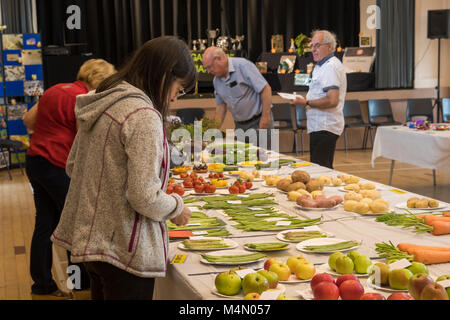 Richter & Veranstalter mit Auswahl an frischem Obst & Gemüse in Konkurrenz an Gärtner zeigen - Burley angezeigt-in-Wharfedale, West Yorkshire, England, UK. Stockfoto