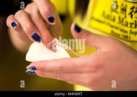 In der Nähe der Hände der chinesischen Mädchen Knödel machen Stockfoto