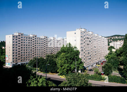 Typische alte Paneelwohnung mit vielen Fenstern aus Budapest, Ungarn, als Textur oder Hintergrund Stockfoto