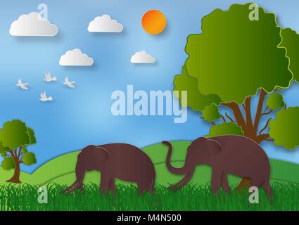 Paper art Stil der Landschaft mit Elefanten und Baum in der Natur die Welt retten und Ökologie Idee abstrakt Hintergrund, Vector Illustration Stock Vektor