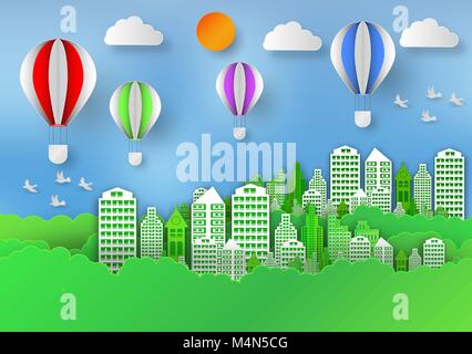 Paper art Stil der Landschaft mit Ballon in Stadt der Welt und Ökologie Idee zu speichern, abstrakten Hintergrund, Vector Illustration Stock Vektor