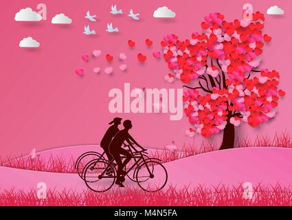 Konzept der Valentinstag, mit einem Herzförmigen Baum und Liebhaber fahren Fahrrad Papier Kunst und Handwerk Stil. Stock Vektor