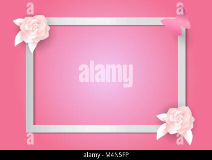 Rosa Blüten und Rahmen auf rosa Hintergrund. Papier Kunst und Handwerk Stil. Vector Illustration für den Valentinstag Stock Vektor