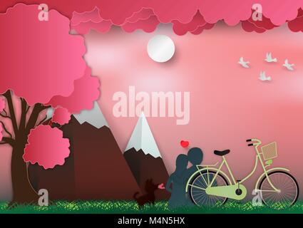 Valentines Tag auf rosa Hintergrund mit Mann und Frau in der Liebe mit Fahrrad und einen Baum. Paper art Stil. Vector Illustration Stock Vektor