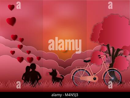 Valentines Tag mit Mann und Frau in Liebe und den Sonnenuntergang im Hintergrund. Paper art Stil. Vector Illustration Stock Vektor