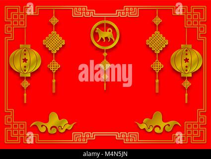 Paper art Stil von Happy Chinese New Year roten und goldenen Hintergrund, Vector Illustration Stock Vektor