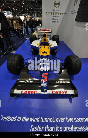 London, Großbritannien. 17 Feb, 2018. Einen Williams FW 14B einsitzigen Rennwagen (wie von Nigel Mansell angetrieben, Britische ehemalige Rennfahrer) auf dem Display an der London Classic Car Show, die auf ExCel London, Vereinigtes Königreich. Mehr als 700 der besten klassischen Autos der Welt werden auf der Messe reicht von Vintage pre-Krieg Tourer zu einem modernen Konzept Autos. Die Show bringt in rund 37.000 Besucher, angefangen von schweren Benzin Köpfe zu Menschen, die einfach nur wunderschön und klassische Fahrzeuge Liebe. Stockfoto