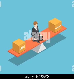 Wohnung 3 d isometrische Geschäftsmann Balancing sein Leben und sein Werk auf der Wippe. Business und Life Management Konzept. Stock Vektor