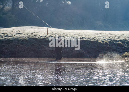 Mann angler Fliegenfischen auf Lachs Sprung Wehr auf dem Fluss Roggen in Carton House, Maynooth, County Kildare, Irland Stockfoto