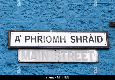 Main Street (ein "Phriomh Shraid) Zeichen in Tobermory, Isle of Mull Argyle & Bute, Inneren Hebriden in Schottland. Stockfoto