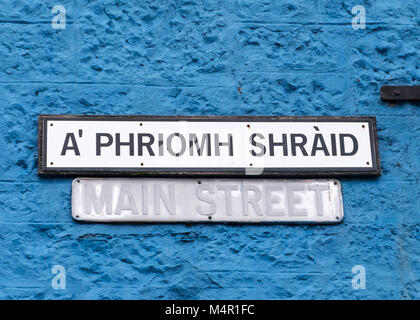 Main Street (ein "Phriomh Shraid) Zeichen in Tobermory, Isle of Mull Argyle & Bute, Inneren Hebriden in Schottland. Stockfoto