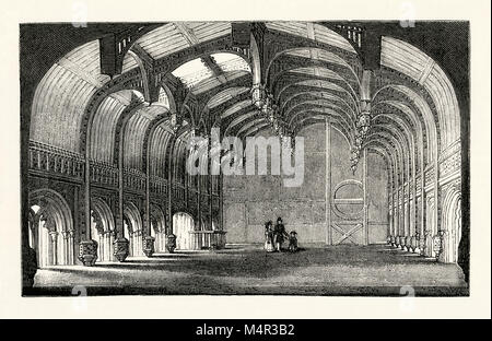 Eine alte Gravur zeigen die beeindruckende Fachwerkhäuser in der Großen Halle der Crosby Halle C. 1750. Dieses historische Gebäude stand ursprünglich in Bishopsgate, in der Londoner City. Die große Halle wurde in 1466 durch die Patria Sir John Crosby gebaut. Die große Halle wurde 1910 an seinen heutigen Standort in Cheyne verschoben, Chelsea Stockfoto