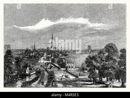 Alte London Blick nach Osten von der Strand (oder Strande). c. 1600. Auf der linken Seite ist der Eingang zum Covent Garden. Mit Blick auf die Themse waren viele Herrenhäuser des Adels im Mittelalter gebaut. Man ist Exeter Haus oder Burghley House, mit seinen vier Ecktürmchen, aus dem 16. Jahrhundert von William Cecil (Lord Burghley). Dieses ist, wo die aktuelle Savoy Hotel Jetzt steht. Darüber hinaus ist die City of London, St. Paul's Cathedral mit Ihrer ursprünglichen Turm und die Bögen der London Bridge über die Themse, mit Southwark Kathedrale auf der rechten Seite. Stockfoto