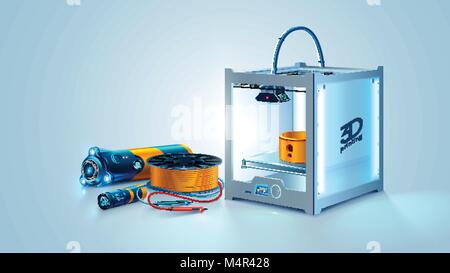 3d-Drucker abstraktes Modell. Herstellung Prototyp Objekt auf 3D-Drucker. Filament Kunststoff. Engineering Development Tools. Innovation Additiv Technolog Stock Vektor