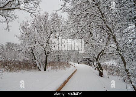 Schöne Winterlandschaft in der Nähe von Yauza River nach starker Schneefall, Babushkinkiy District, Moskau. Stockfoto