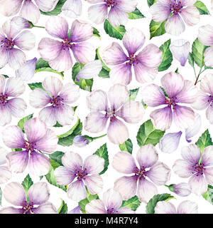 Apple Blumen, Blüten und Blätter in Aquarell Stil auf weißem Hintergrund. Nahtlose Muster für Textilwaren, Geschenkpapier, Paket, Kunst Aquarell illust Stockfoto