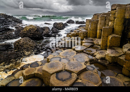 Der Giant's Causeway in Nordirland ist ein Gebiet von ca. 40.000 Verriegelung Basaltsäulen, die Ergebnis einer alten vulkanischen Eruption. Stockfoto