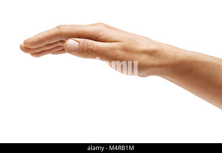 Des Menschen Hand Zeichen auf weißem Hintergrund. Öffnen Sie die Palm Invertiert, aus der Nähe. Produkt mit hoher Auflösung Stockfoto