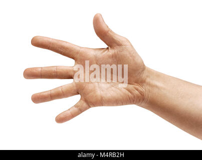 Des Menschen Hand mit fünf Fingern auf weißem Hintergrund. Sign-Nummer fünf. Close Up. Produkt mit hoher Auflösung Stockfoto