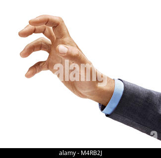 Des Menschen Hand in Anzug grabben etwas isoliert auf weißem Hintergrund. Close Up. Produkt mit hoher Auflösung Stockfoto