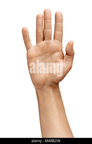 Die Hand des Mannes mit Öffnen Sie Palm zeigt eine Abstimmung anmelden oder Vereinbarung Geste. Close Up. Produkt mit hoher Auflösung Stockfoto