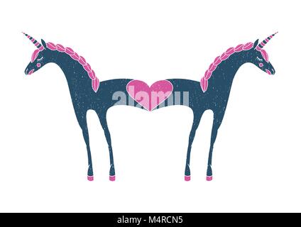 Zwei Einhörner in der Liebe. Zwei Einhörner mit abgesicherten Gremien. Stock Vektor