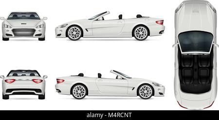 Auto vector Mock-up. Isolierte Vorlage von Cabriolet Auto auf Weiß. Fahrzeug Branding mockup. Seiten, Vorder-, Rückseite, Ansicht von oben. Einfach zu bearbeiten und neu einfärben. Stock Vektor