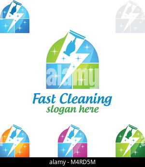 Schnelle Reinigung Service vektor Logo Design, umweltfreundliche Konzept für Innen, Haus und Gebäude Stock Vektor