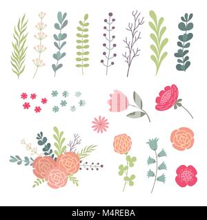 Große grüne Blätter, Zweige und Blüten. Design designer Stock Vektor