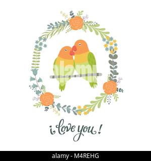 Schöne Grußkarten mit Blumen Kranz, Vögel lovebirds und Beschriftung ich liebe Dich. Stock Vektor