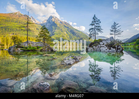 Schöne Szene von Bäumen auf einem Rock Island in idyllischer Landschaft im charmanten Hintersee mit blauem Himmel und Wolken im Sommer Nationalpark Berchtesgaden Stockfoto