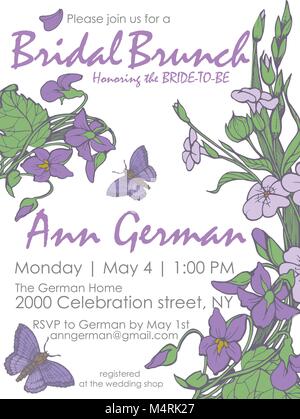 Bridal Shower Bridal brunch Einladung vector Template mit Blumen und Schmetterling im floralen Stil Stock Vektor